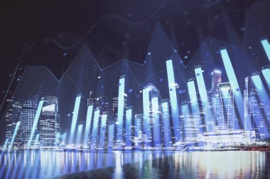 Yüksek binalar arka plan çok pozlama ile şehir scape mali grafik. Analiz kavramı.