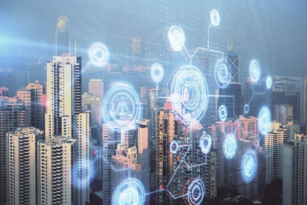 Veri temalı hologram gökdelenlerin arka planında çift pozlama ile şehir görünümüne çizim yapıyor. Teknoloji konsepti.