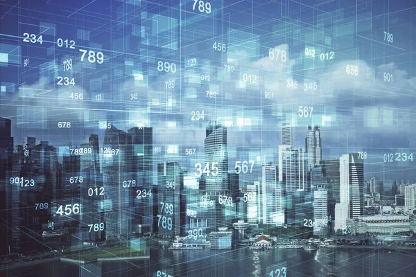 Veri temalı hologram gökdelenler arka planda çoklu pozlama ile şehir görünümüne çizim yapıyor. Büyük veri kavramı.