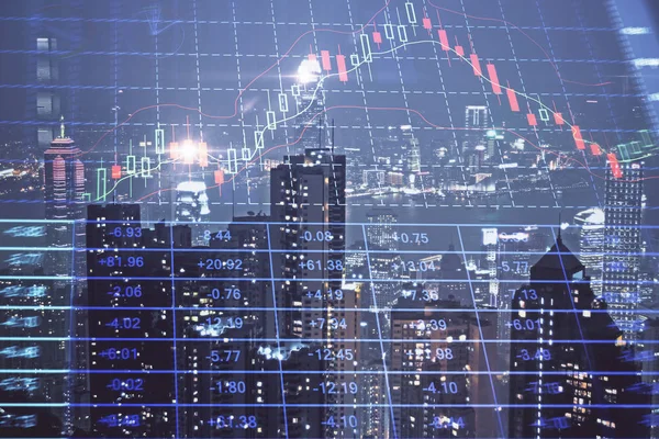 Dubbel exponering av Forex diagram ritningar över stadsbilden bakgrund. Koncept för framgång. — Stockfoto