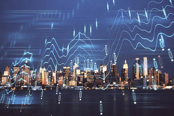 Yüksek binalar arka plan çift pozlama ile gece şehir scape mali grafik. Analiz kavramı.