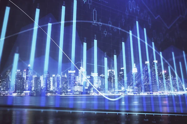 Financial graph on night city scape with tall buildings background multi exposure. Analysis concept.