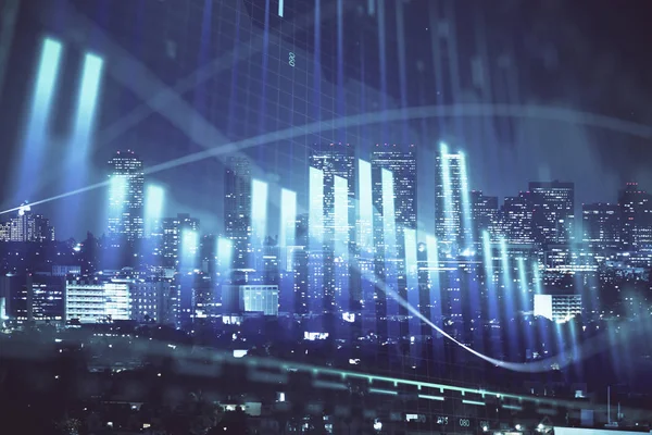 Yüksek binalar arka plan çok pozlama ile gece şehir scape mali grafik. Analiz kavramı.