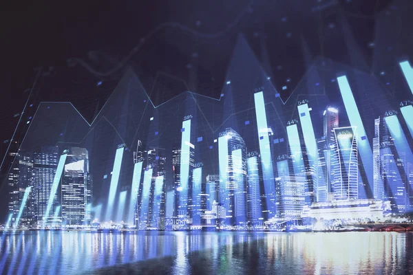 Yüksek binalar arka plan çok pozlama ile şehir scape mali grafik. Analiz kavramı.