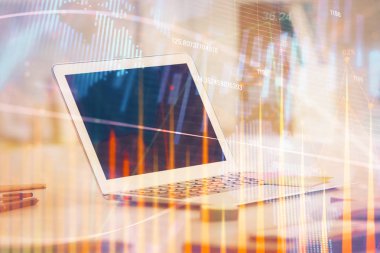 Bilgisayar geçmişi olan eski grafik hologramı. Çoklu maruz kalma. Finans piyasası kavramı.