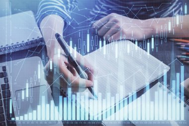 Finansal grafik el notları arka plan alarak üzerinde çizilmiş. Araştırma kavramı. Çift Pozlama