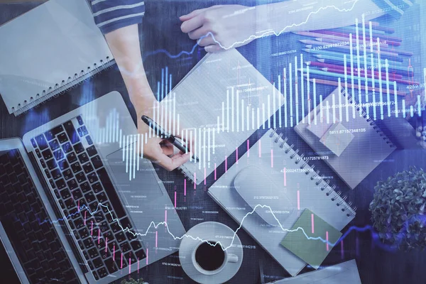 Finansal Forex grafiği el notları arka plan alarak çizilmiş. Araştırma kavramı. Çift Pozlama