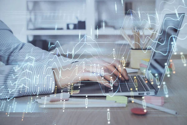 Double exposure of stock market graph with man working on laptop on background. Concept of financial analysis. — Stock Photo, Image