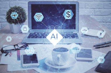 Arka planda bilgisayar ve veri temalı hologram tablosu çift pozlama. Veri teknolojisi kavramı.
