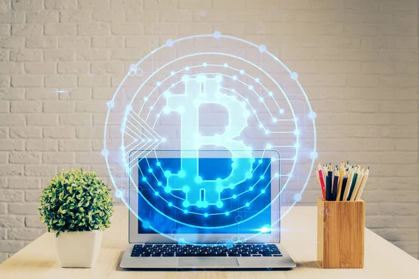 Double exposure of blockchain and crypto economy theme hologram and table with computer background. Concept of bitcoin cryptocurrency. — Stock Photo, Image