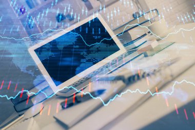 Eski pazar grafiği hologramı ve kişisel bilgisayar geçmişi. Çoklu maruz kalma. Yatırım kavramı.