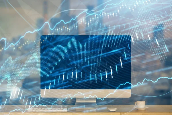 Finansal tablo çizimi ve arka planda bilgisayar olan bir tablo. Çoklu maruz kalma. Uluslararası pazarlar kavramı.