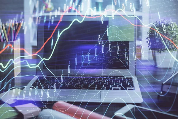 Financial chart drawing and table with computer on background. Double exposure. Concept of international markets. — Stock Photo, Image