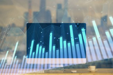 Eski pazar grafiği hologramı ve kişisel bilgisayar geçmişi. Çifte maruziyet. Yatırım kavramı.