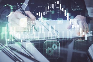 Forex grafik hologram el notları arka plan alarak. Analiz kavramı. Çoklu pozlama
