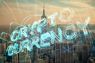 Kripto para birimi temalı hologram çizimi ve şehrin veiw arka planına çift pozlama. Engelleme zinciri ve bitcoin kavramı.