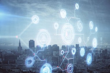 Veri temalı hologram gökdelenlerin arka planında çift pozlama ile şehir görünümüne çizim yapıyor. Teknoloji konsepti.