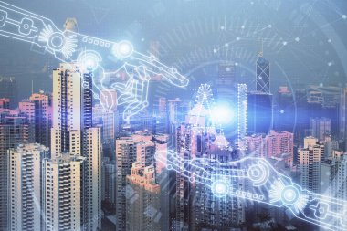 Veri temalı hologram gökdelenlerin arka planında çift pozlama ile şehir görünümüne çizim yapıyor. Teknoloji konsepti.