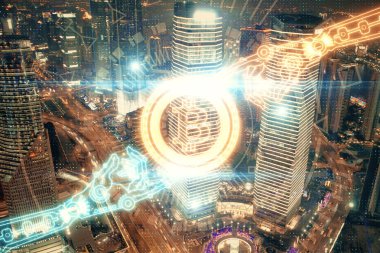 Kripto para birimi temalı hologram çizimine ve şehrin arka planına çoklu maruz kalma. Engelleme zinciri ve bitcoin kavramı.