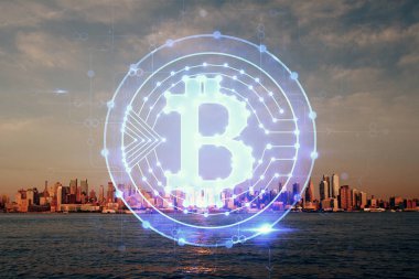 Kripto para birimi temalı hologram çizimi ve şehrin veiw arka planına çift pozlama. Engelleme zinciri ve bitcoin kavramı.