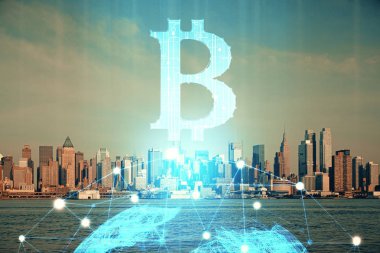 Kripto para birimi temalı hologram çizimi ve şehrin veiw arka planına çift pozlama. Engelleme zinciri ve bitcoin kavramı.