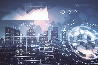 Yüksek binaların arka planında çoklu pozlama olan eski şehir haritası. Finansal araştırma kavramı.