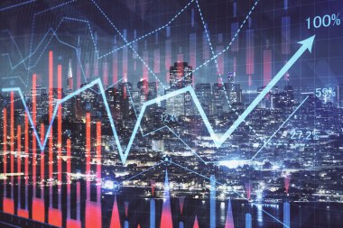 Yüksek binalar arka plan çift pozlama ile gece şehir scape mali grafik. Analiz kavramı.