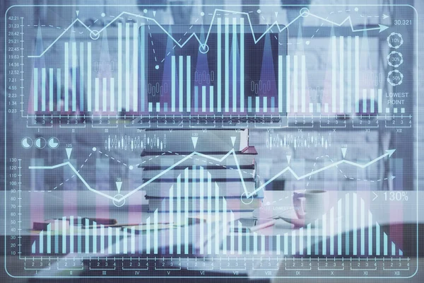Фінансовий граф барвистий малюнок і стіл з комп'ютером на фоні. Подвійна експозиція. Концепція міжнародних ринків . — стокове фото