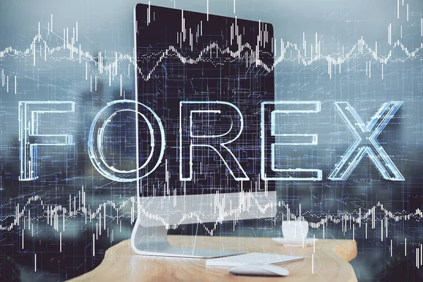 Dupla exposição do gráfico forex e espaço de trabalho com computador. Conceito de negociação internacional em linha. — Fotografia de Stock