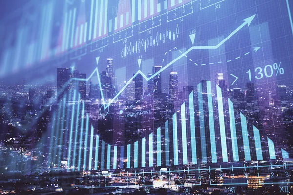 Yüksek binalar arka plan çift pozlama ile gece şehir scape mali grafik. Analiz kavramı.