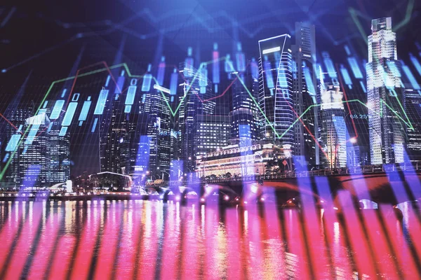 Yüksek binalar arka plan çok pozlama ile şehir scape mali grafik. Analiz kavramı.