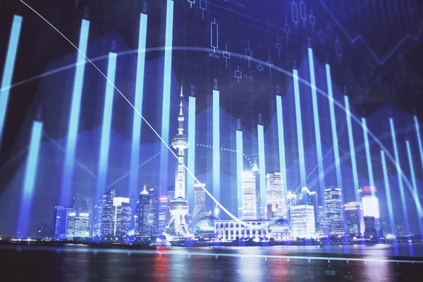 Yüksek binalar arka plan çok pozlama ile gece şehir scape mali grafik. Analiz kavramı.