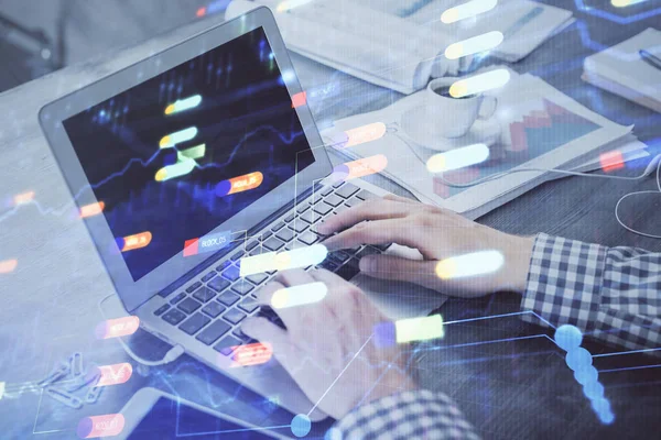 Double exposure of forex chart with man working on computer on background. Concept of market analysis. — Stock Photo, Image