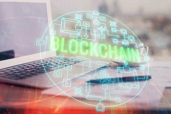 Double exposure of blockchain and crypto economy theme hologram and table with computer background. Concept of bitcoin cryptocurrency. — Stock Photo, Image