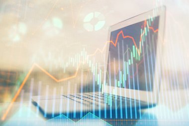 Bilgisayar geçmişi olan eski grafik hologramı. Çifte maruziyet. Finans piyasası kavramı.