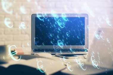 Eski pazar grafiği hologramı ve kişisel bilgisayar geçmişi. Çifte maruziyet. Yatırım kavramı.