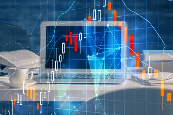 Finansal pazar grafiği hologramı ve kişisel bilgisayar arka planda. Çifte maruziyet. Önx kavramı.