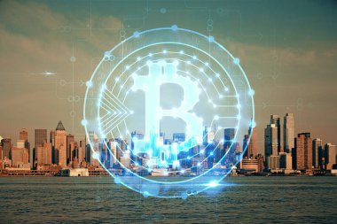Kripto para birimi temalı hologram çizimi ve şehrin veiw arka planına çift pozlama. Engelleme zinciri ve bitcoin kavramı.