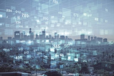 Veri temalı hologram gökdelenler arka planda çoklu pozlama ile şehir görünümüne çizim yapıyor. Büyük veri kavramı.