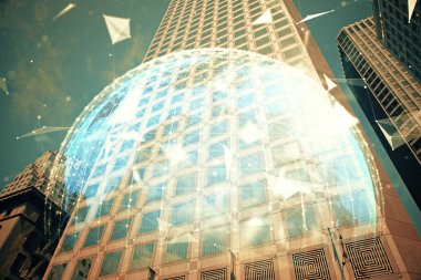 İş temalı hologram çizimine ve şehrin arka planına çifte maruz kalma. Başarı kavramı.