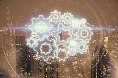 İş temalı hologram çizimine ve şehrin arka planına çifte maruz kalma. Başarı kavramı.