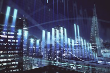 Yüksek binalar arka plan çok pozlama ile gece şehir scape mali grafik. Analiz kavramı.