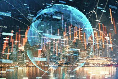 Yüksek binalar arka plan çok pozlama ile şehir scape mali grafik. Analiz kavramı.