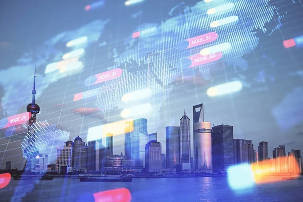 Data tema hologram ritning på stadsbilden med skyskrapor bakgrund dubbel exponering. Teknikkoncept. — Stockfoto