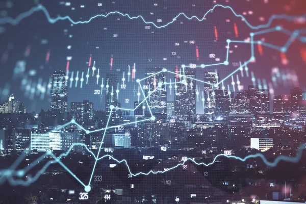 Grafico finanziario su paesaggio urbano notturno con edifici alti sfondo multi esposizione. Concetto di analisi . — Foto Stock