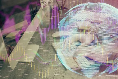 Adam ile mali grafik çift pozlama arka planda ofiste çalışır. Analiz kavramı.