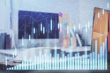 Grafik ve finansal bilgilere çifte maruz kalma ve bilgisayar geçmişi olan çalışma alanı. Uluslararası çevrimiçi ticaret kavramı.