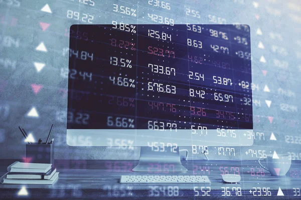 Stock market graph on background with desk and personal computer. Double exposure. Concept of financial analysis.