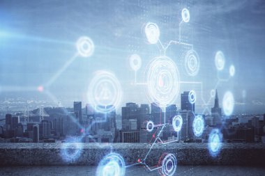 Veri temalı hologram gökdelenlerin arka planında çift pozlama ile şehir görünümüne çizim yapıyor. Teknoloji konsepti.