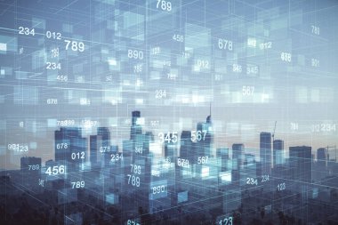 Veri temalı hologram gökdelenler arka planda çoklu pozlama ile şehir görünümüne çizim yapıyor. Büyük veri kavramı.